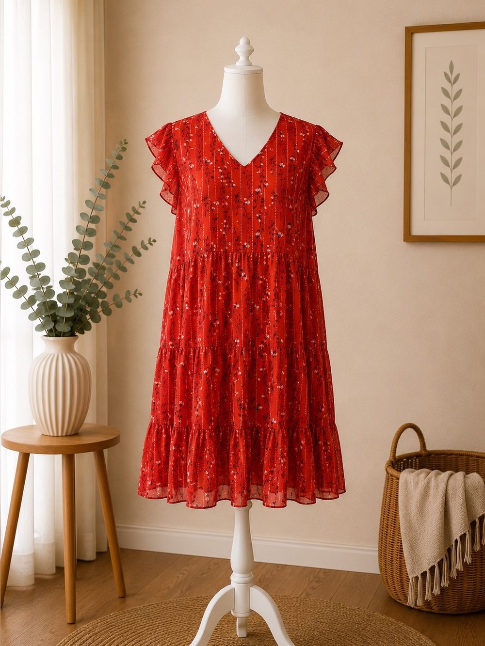 Red Floral Tiered Dress Flutter Sleeve V Neck Summer Cottagecore S